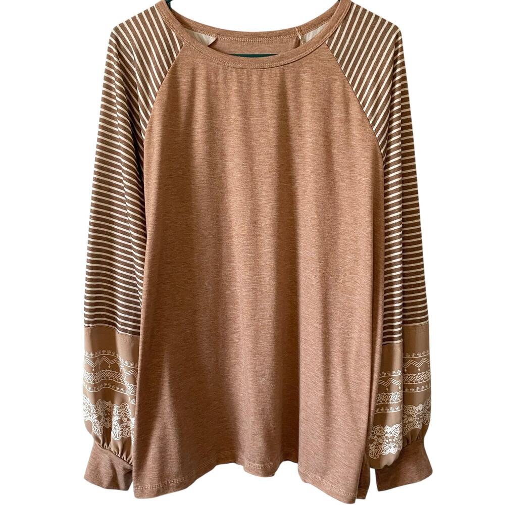 NO BRAND Bohemian Long Balloon Sleeve Tunic Shirt Tan Brown Size XL